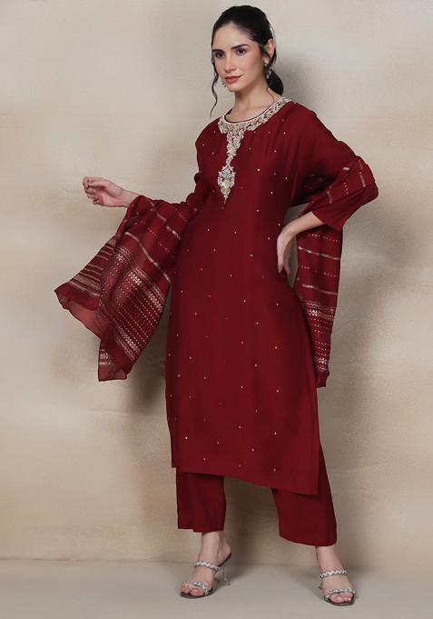 Maroon Sequin Embellished Kurta Set With Pants And Dupatta