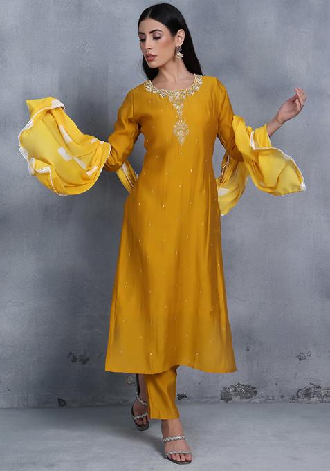 Yellow Sequin Embellished Kurta Set With Pants And Dupatta