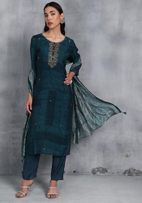 Green Printed Cutdana Embellished Kurta Set With Pants And Printed Dupatta