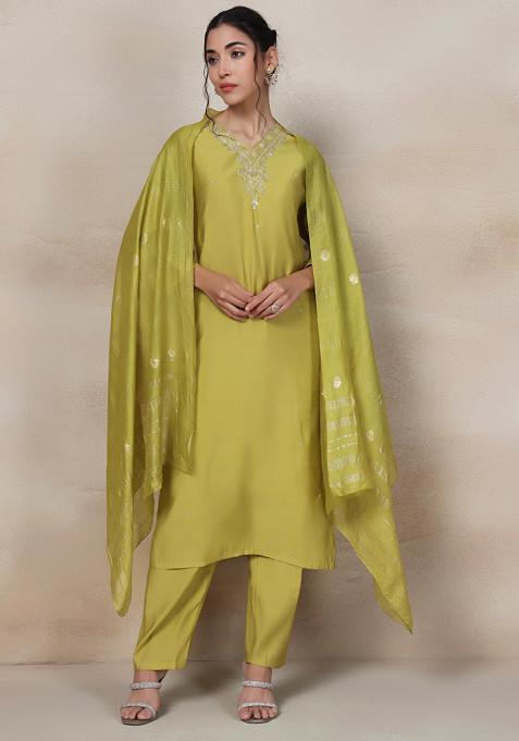 Lime Green Sequin Embellished Kurta Set With Pants And Brocade Dupatta