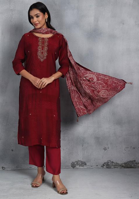 Maroon Printed Cutdana Embellished Kurta Set With Pants And Printed Dupatta