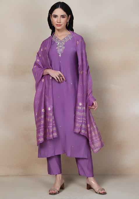 Purple Sequin Embellished Kurta Set With Pants And Brocade Dupatta