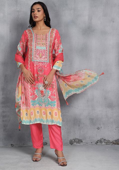 Pink Floral Print Mirror Embellished Kurta Set With Pants And Dupatta