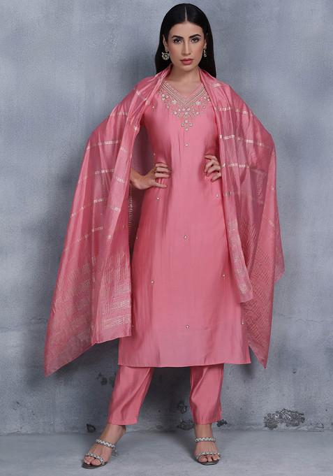 Peach Bead Sequin Embellished Kurta Set With Pants And Brocade Dupatta