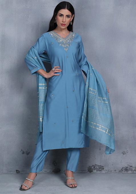 Blue Bead Embellished Kurta Set With Pants And Brocade Dupatta