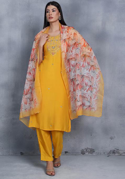 Yellow Cutdana Embellished Kurta Set With Pants And Organza Dupatta