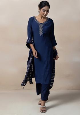 Navy Blue Cutdana Embellished Kurta Set With Pants And Dupatta