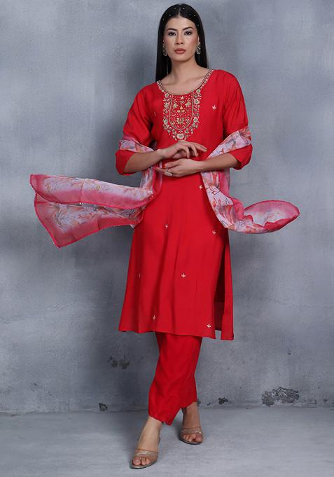 Red Sequin Embellished Kurta Set With Pants And Organza Dupatta