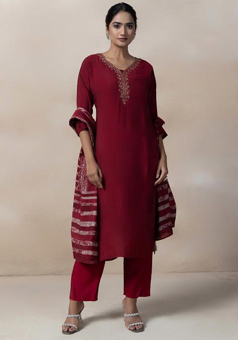 Maroon Cutdana Embellished Kurta Set With Pants And Dupatta