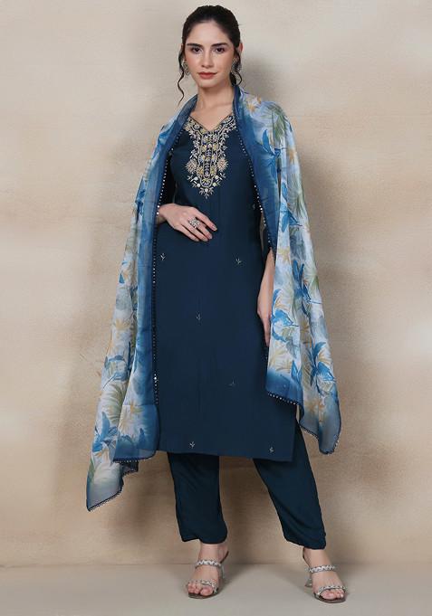 Teal Blue Sequin Embellished Kurta Set With Pants And Printed Dupatta