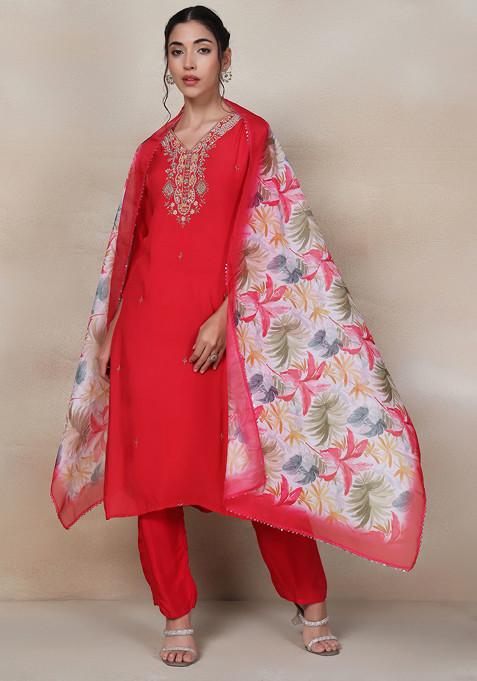 Red Sequin Embellished Kurta Set With Pants And Printed Organza Dupatta