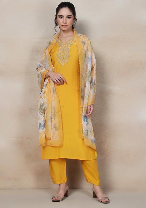 Yellow Embellished Sequin Kurta Set With Pants And Printed Dupatta