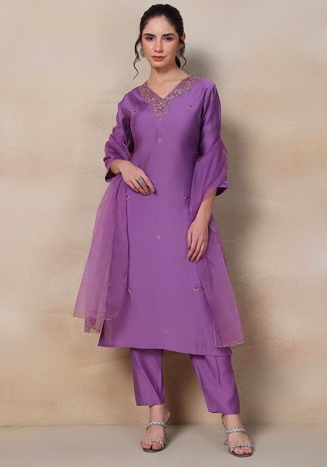 Purple Cutdana Sequin Embellished Kurta Set With Pants And Dupatta