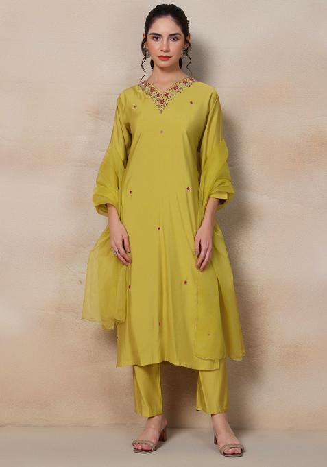 Mustard Cutdana Sequin Embellished Kurta Set With Pants And Dupatta