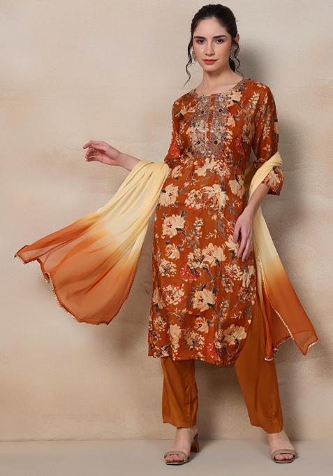 Mustard Floral Bead Mirror Embellished Kurta Set With Pants And Dupatta