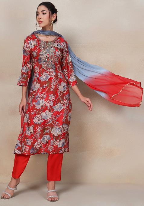 Red Floral Bead Mirror Embellished Kurta Set With Pants And Dupatta