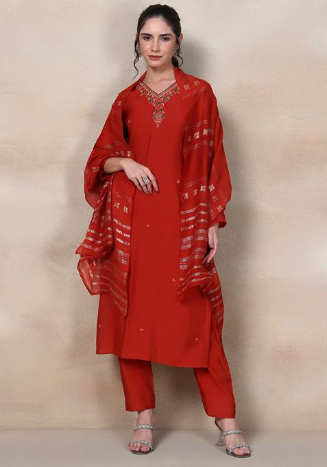 Red Cutdana Embellished Kurta Set With Pants And Brocade Dupatta