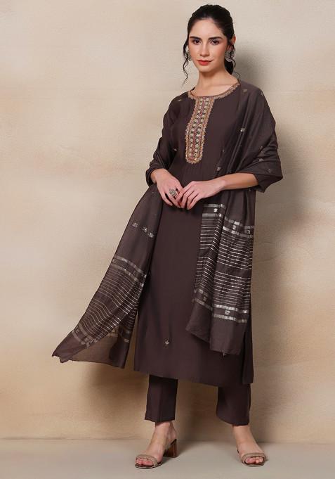 Grey Sequin Embellished Kurta Set With Pants And Brocade Dupatta