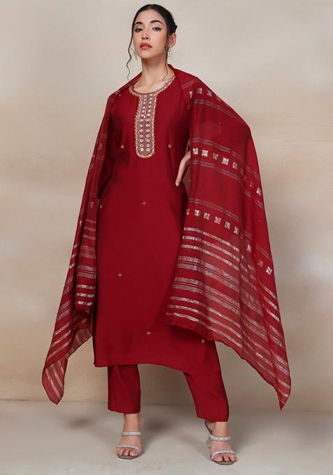 Maroon Sequin Embellished Kurta Set With Pants And Brocade Dupatta