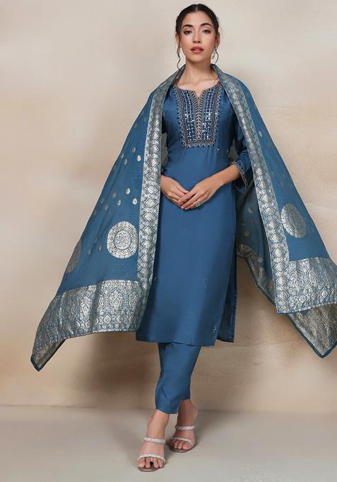 Teal Blue Bead Embellished Kurta Set With Pants And Brocade Dupatta