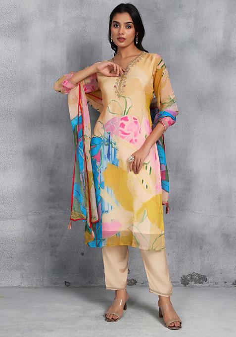 Golden Floral Print Cutdana Embellished Kurta Set With Pants and Printed Dupatta