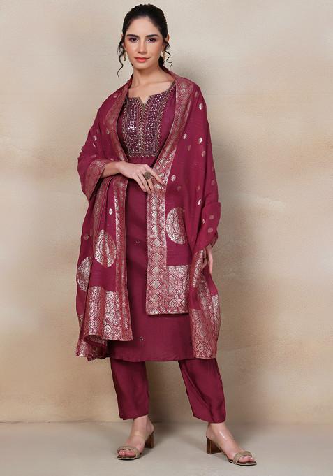 Maroon Cutdana Bead Embellished Kurta Set With Pants And Dupatta