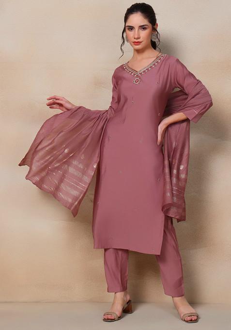 Dusty Pink Bead Embellished Kurta Set With Pants And Dupatta