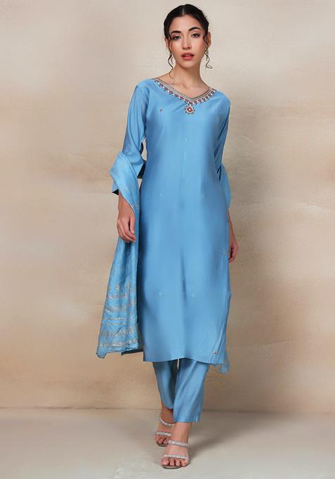 Turquoise Blue Bead Embellished Kurta Set With Pants And Dupatta