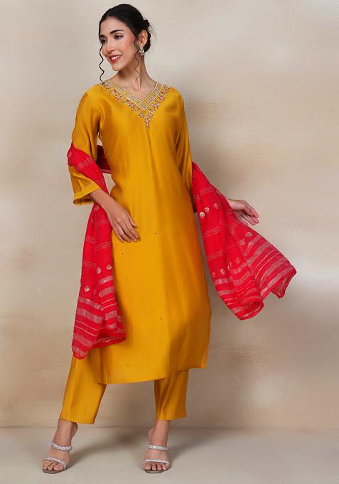 Mustard Bead Embellished Kurta Set With Pants And Red Brocade Dupatta