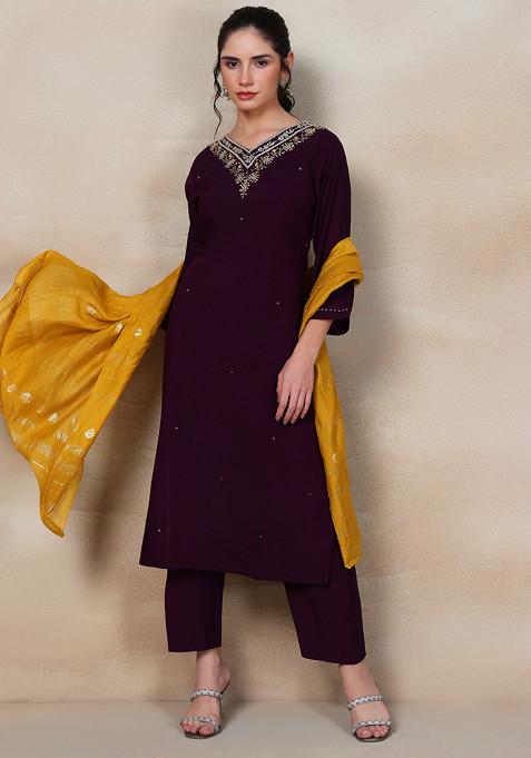 Maroon Bead Embellished Kurta Set With Pants And Mustard Brocade Dupatta