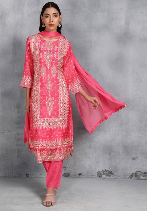 Pink Printed Mirror Embellished Kurta Set With Pants And Dupatta