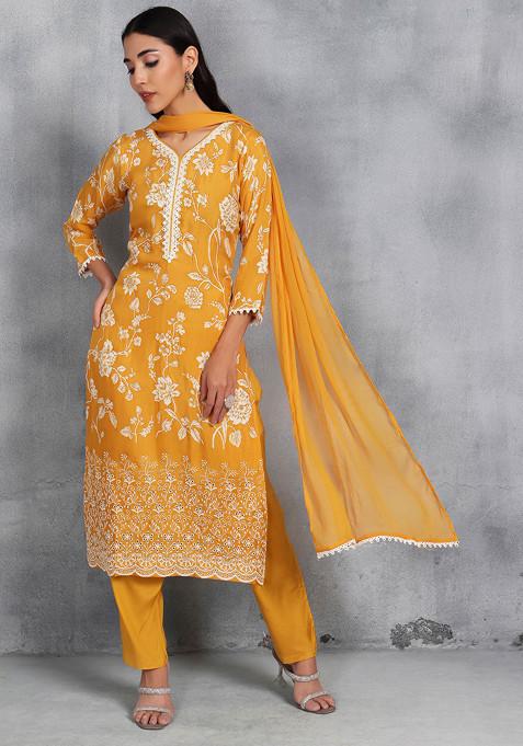 Mustard Floral Print Cutdana Embellished Kurta Set With Pants And Dupatta