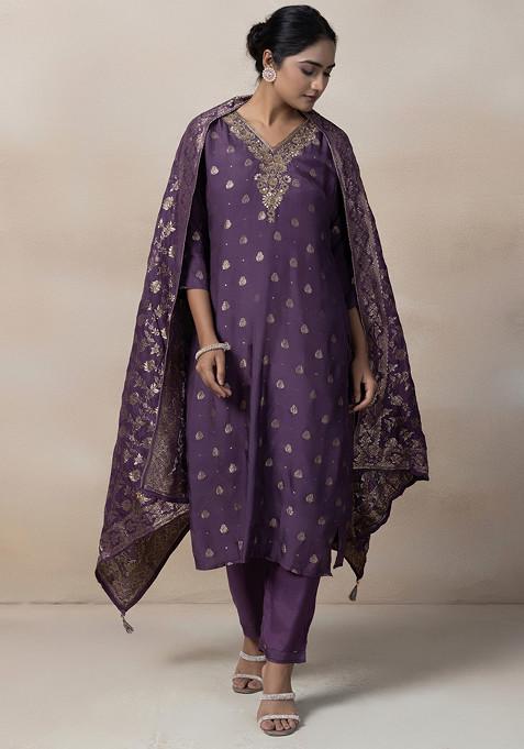 Purple Bead Sequin Embellished Kurta Set With Pants And Dupatta