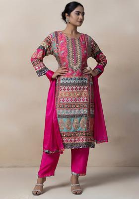Red Bead Sequin Embellished Kurta Set With Pants And Dupatta