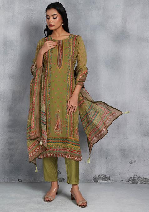 Green Floral Print Cutdana Embroidered Kurta Set With Pants And Printed Dupatta