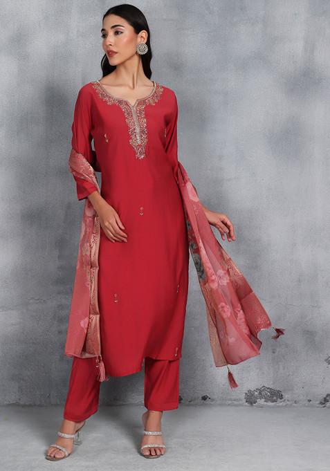 Maroon Cutdana Sequin Embroidered Kurta Set With Pants And Floral Print Dupatta