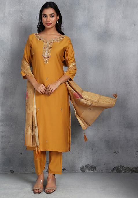 Mustard Yellow Cutdana Sequin Embellished Kurta Set With Pants And Printed Dupatta