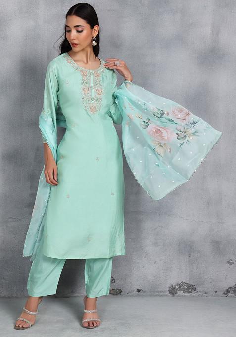 Green Cutdana Sequin Embellished Kurta Set With Pants And Organza Dupatta