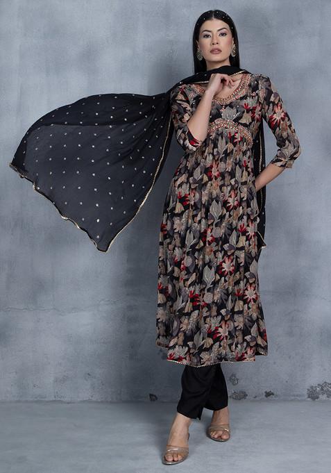 Black Floral Mirror Embellished Kurta Set With Pants And Embellished Dupatta