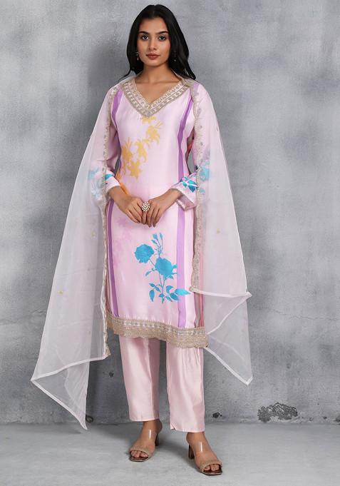 Pink Floral Print Zari Embroidered Kurta Set With Pants And Dupatta