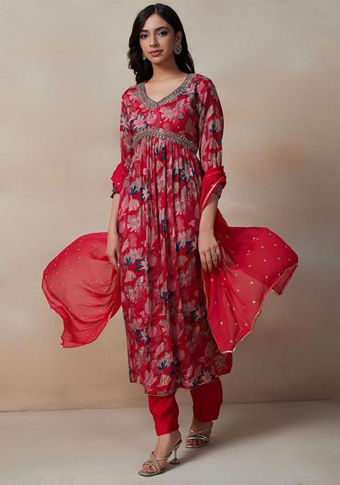 Red Floral Print Kurta Set With Pants And Dupatta