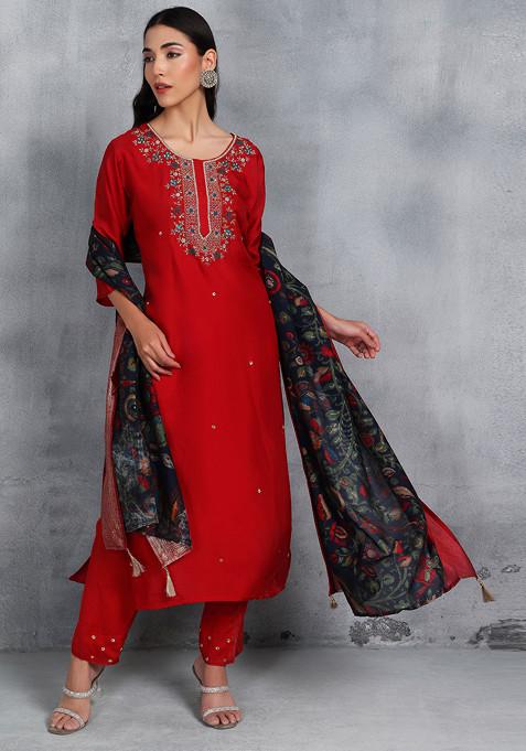 Red Cutdana Bead Embroidered Kurta Set With Pants And Printed Dupatta