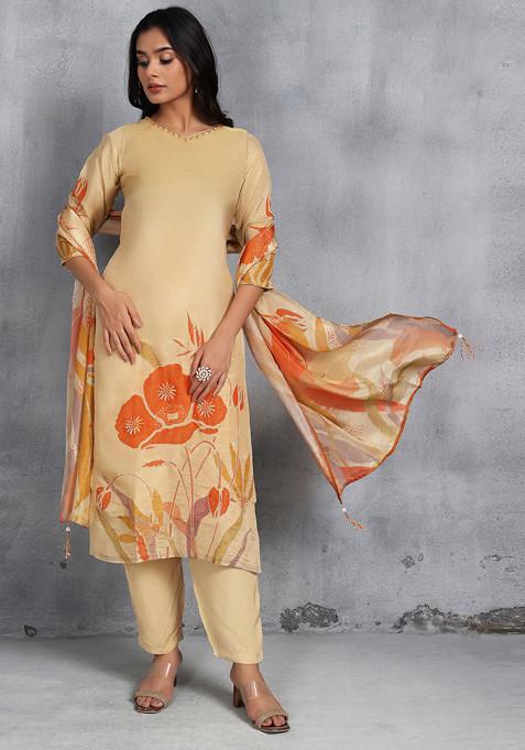 Golden Floral Print Bead Embellished Kurta Set With Pants And Dupatta