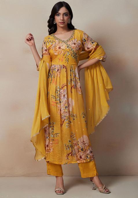 Yellow Floral Embellished Kurta Set With Pants And Dupatta