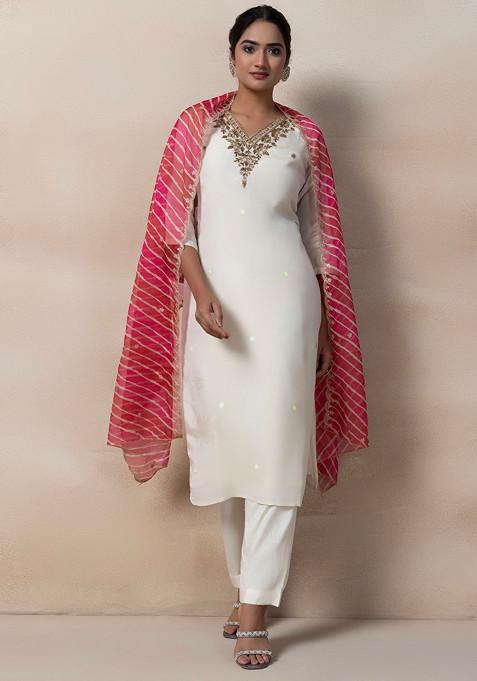 Beige Sequin Embellished Kurta Set With Pants And Printed Dupatta