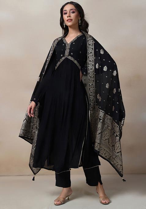 Black Cutdana Embellished Kurta Set With Pants And Brocade Dupatta