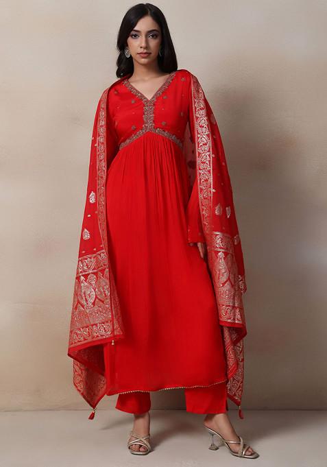 Red Sequin Kurta Set With Pants And Brocade Dupatta