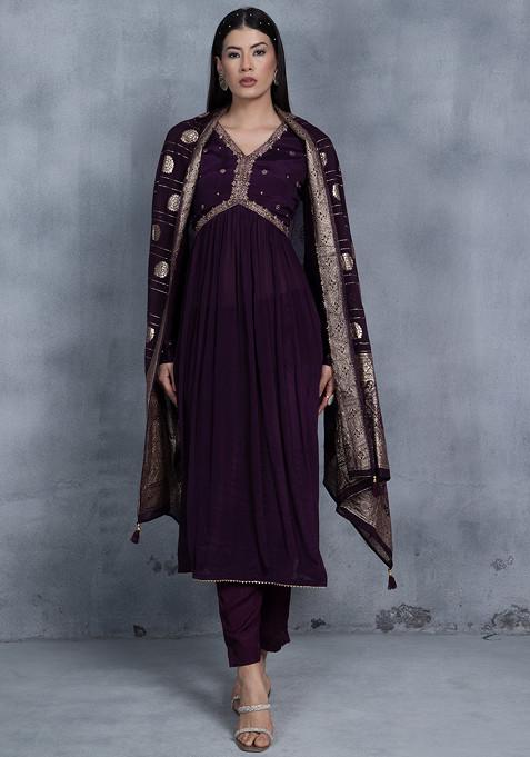 Purple Cutdana Embellished Kurta Set With Pants And Brocade Dupatta