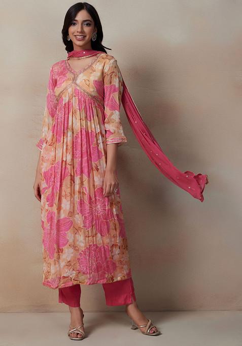 Pink Floral Print Kurta Set With Pants And Embellished Dupatta