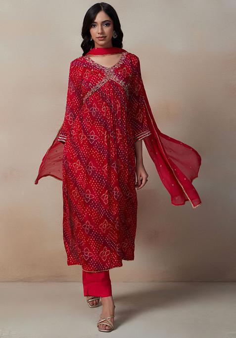 Red Bandhani Print Mirror Embellished Kurta Set With Pants And Dupatta